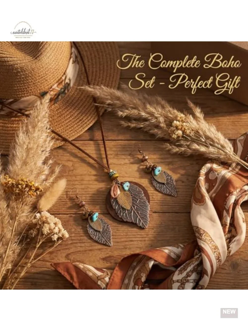 Boho Western Jewelry Set - Leaf Pendant Earrings & Necklace